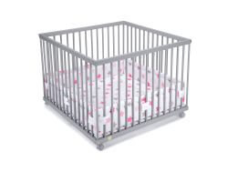 FabiMax Laufgitter 100x100 cm mit Laufgittereinlage rosa Sterne auf weiß, Parkettrollen, Buche, grau lackiert