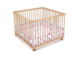 FabiMax Laufgitter 100x100 cm mit Laufgittereinlage rosa Sterne auf weiß, Parkettrollen, Buche natur