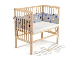 FabiMax Beistellbett BOXSPRING natur, inkl. Matratze und Nestchen blaue Sterne auf grau