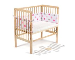 FabiMax Beistellbett BOXSPRING natur, inkl. Matratze und Nestchen rosa Sterne auf weiß