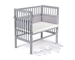 FabiMax Beistellbett BOXSPRING grau, inkl. Matratze und Nestchen weiße Sterne auf grau