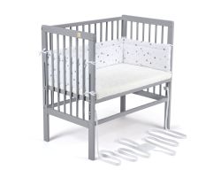 FabiMax Beistellbett BOXSPRING grau, inkl. Matratze und Nestchen graue Sterne auf weiß